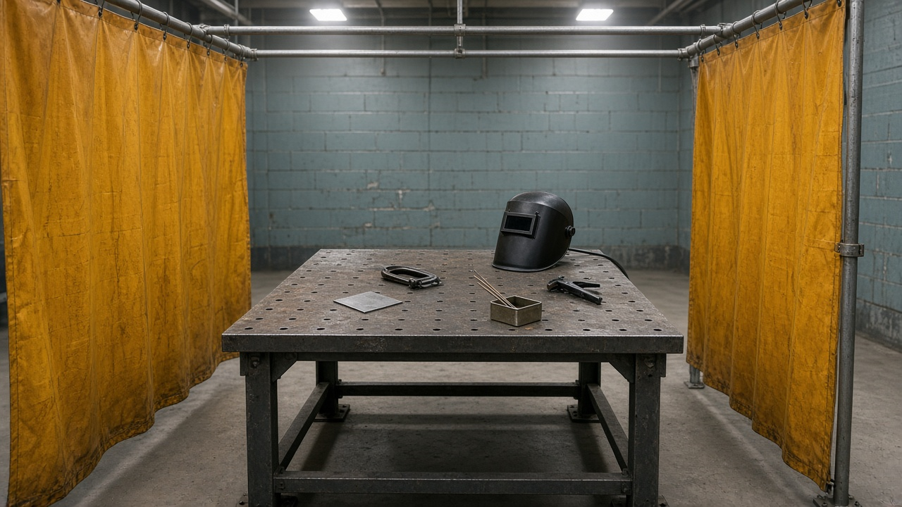 Empty welding booth with yellow curtains, a steel table, helmet, and coupon